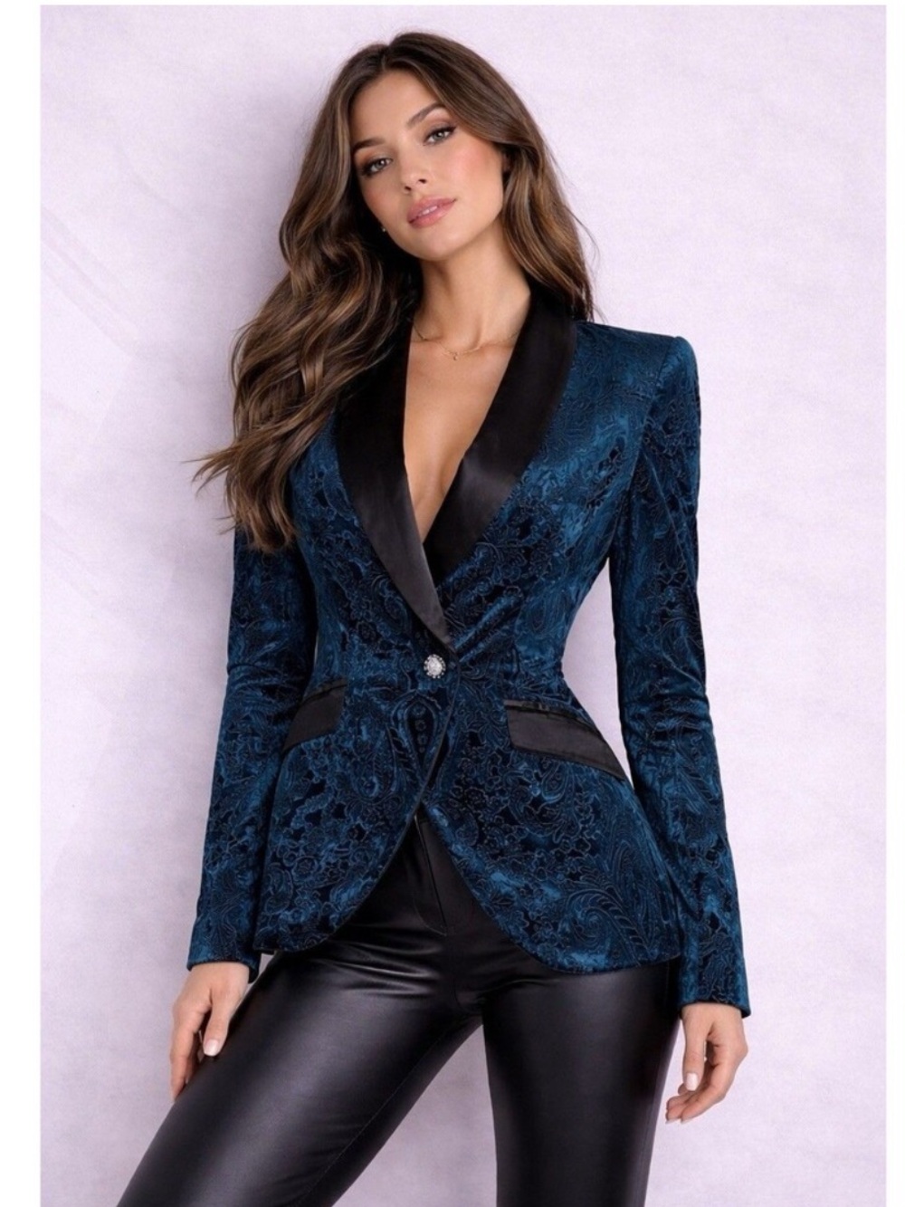 iijin Teal Velvet Paisley Tuxedo Blazer Satin Lapel Glam Gothic Party Jacket S